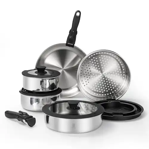 ROYDX 3-Ply Pots and Pans Set, 18/10 Stainless Steel Cookware Set with Detachable Handles, PFOA Free